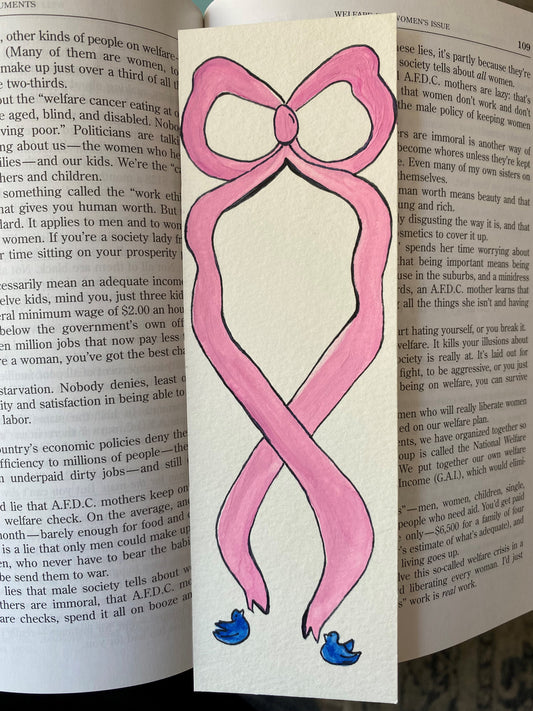 Hand Painted Bookmark with Pink Bow and Blue Birds