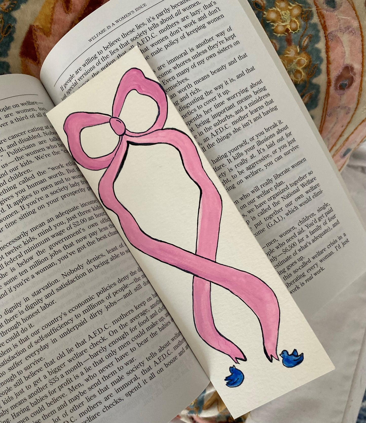 Hand Painted Bookmark with Pink Bow and Blue Birds